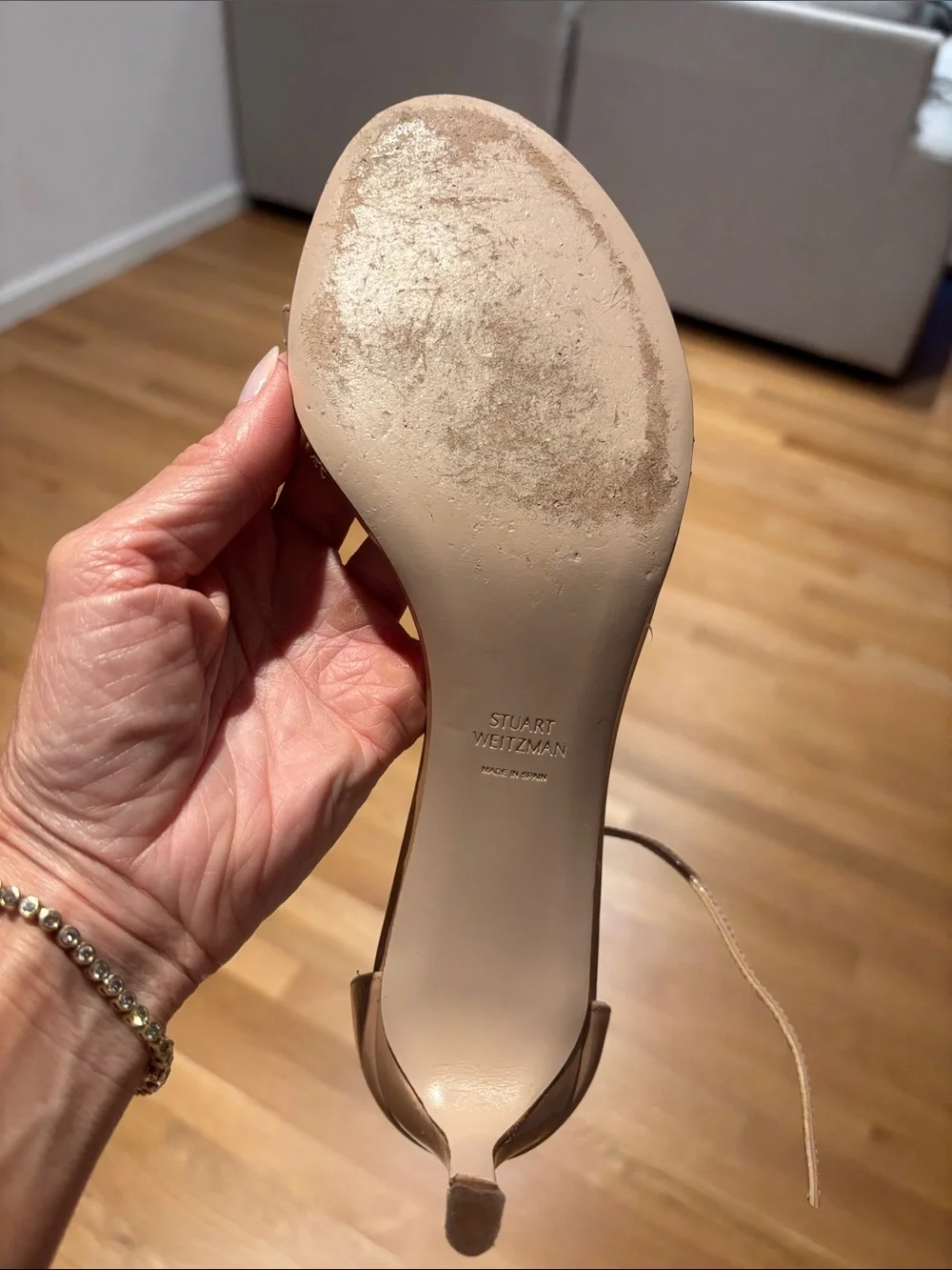 Stuart Weitzman Nude Tan Ankle Strap Patent Leather Heels